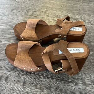 Brown suede wooden clog sandals